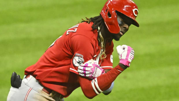 Sep 26, 2023; Cleveland, Ohio, USA; Cincinnati Reds shortstop Elly De La Cruz (44) celebrates his two-run home run in the ninth inning against the Cleveland Guardians at Progressive Field. Mandatory Credit: David Richard-USA TODAY Sports